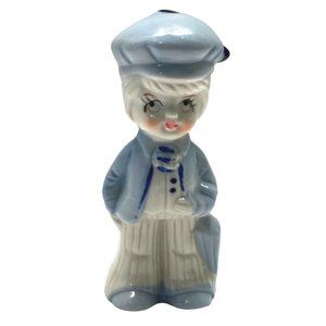 Dutch Boy Figurine with Umbrella Vintage Blue and White Porcelain 3.5 Inch Tall